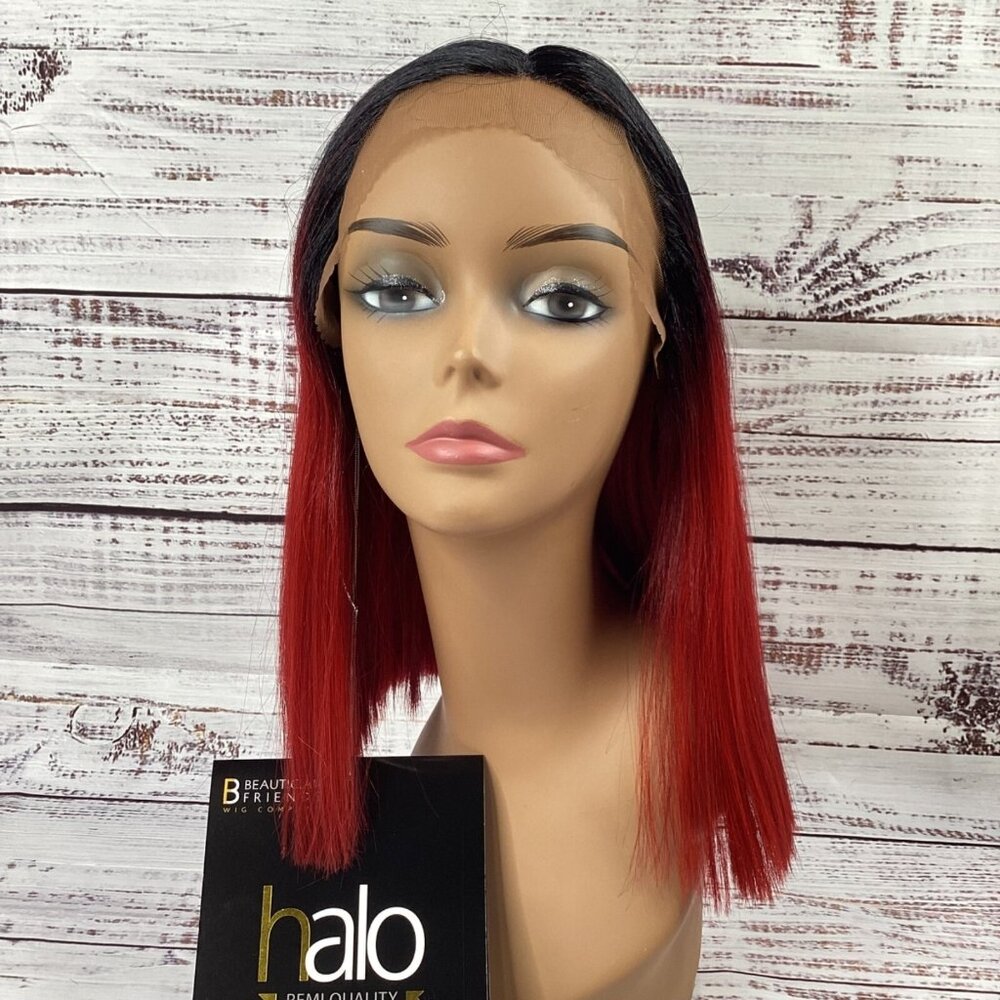 Halo Ombre Black to Red Straight Bob Wig